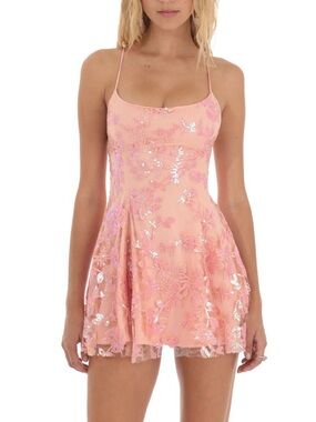 Lucy in the Sky Pink Sequin Floral Lace-Up Back Mini Dress | Small
